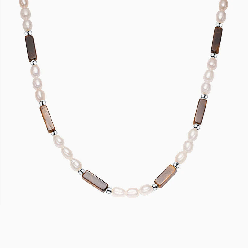 Natural Freshwater Pearl Beaded Baguette Cut Tiger Eye Choker NeckLace - Image 2