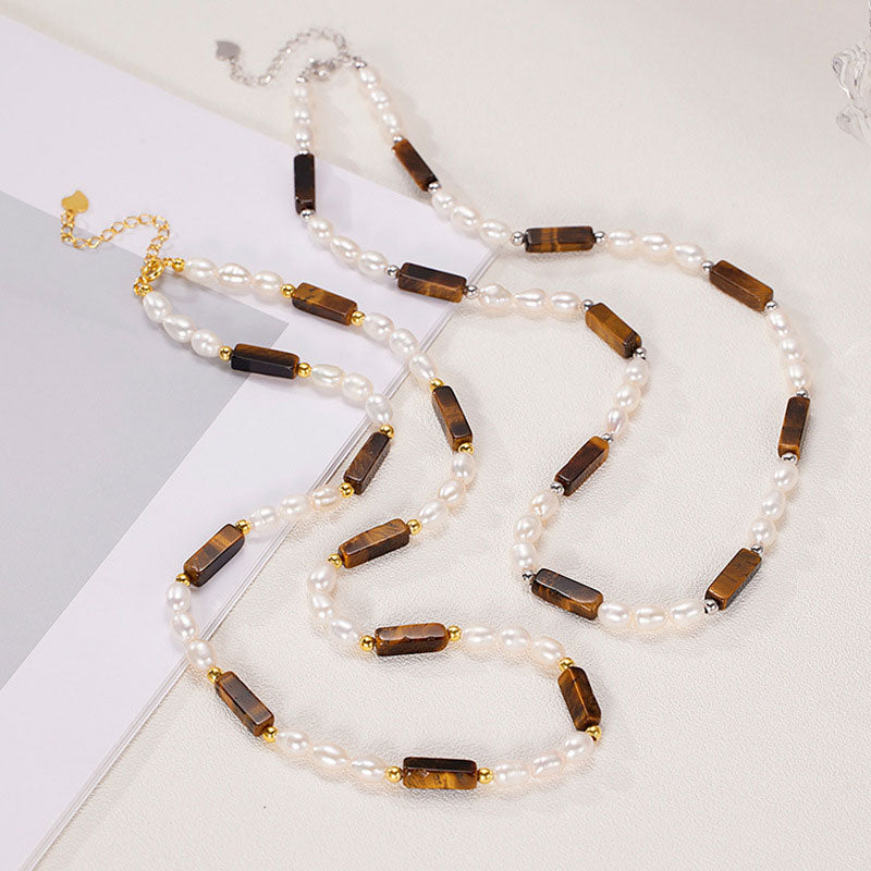 Natural Freshwater Pearl Beaded Baguette Cut Tiger Eye Choker NeckLace - Image 3