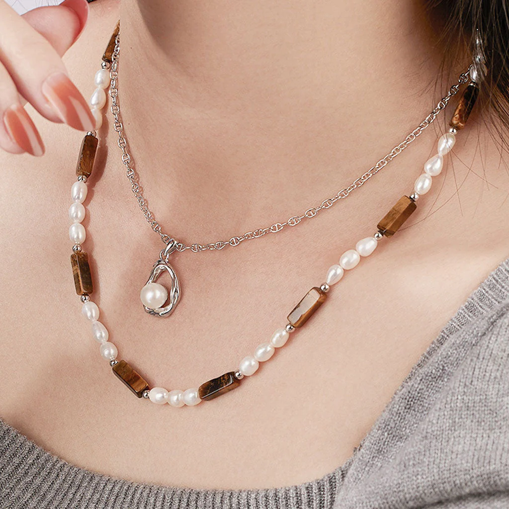 Natural Freshwater Pearl Beaded Baguette Cut Tiger Eye Choker NeckLace - Image 5