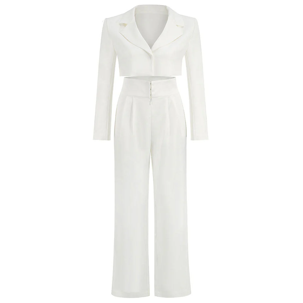 Neat Lapel Collar Long Sleeve Crop Blazer Matching Set - White - Image 3