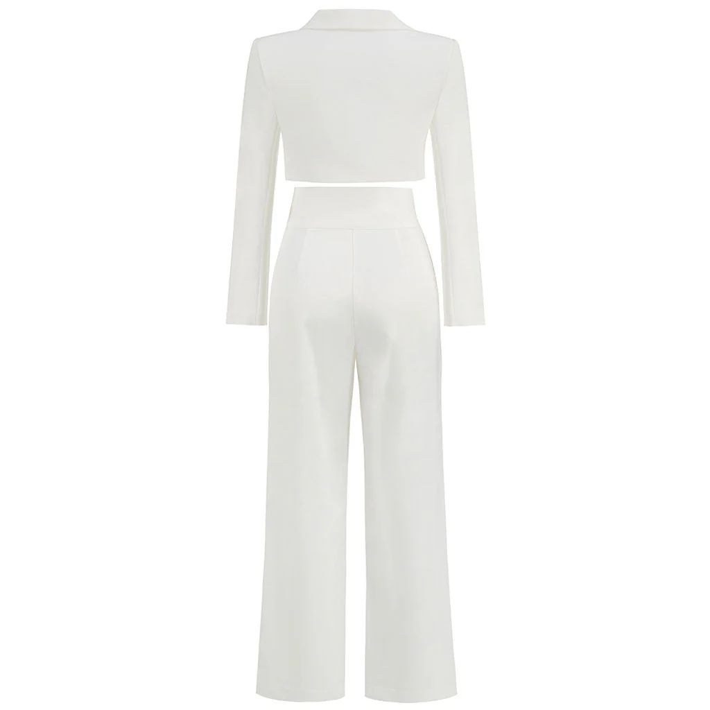 Neat Lapel Collar Long Sleeve Crop Blazer Matching Set - White - Image 4