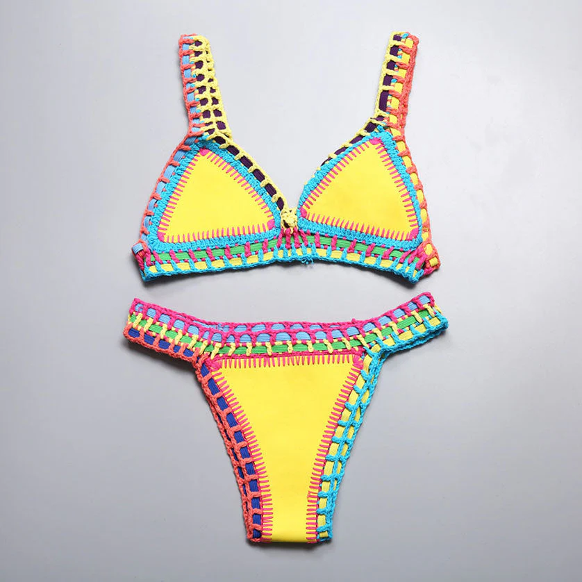 Trendy Reversible Neoprene Crochet Banded Triangle Bikini Set - Yellow - Image 2
