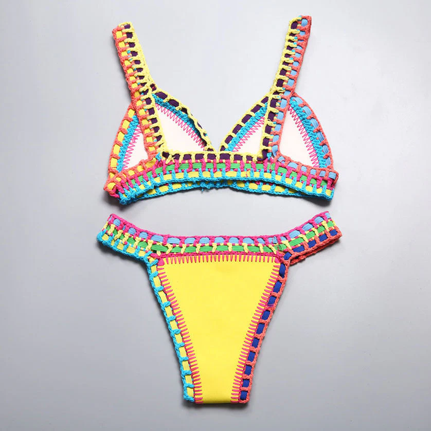 Trendy Reversible Neoprene Crochet Banded Triangle Bikini Set - Yellow - Image 3