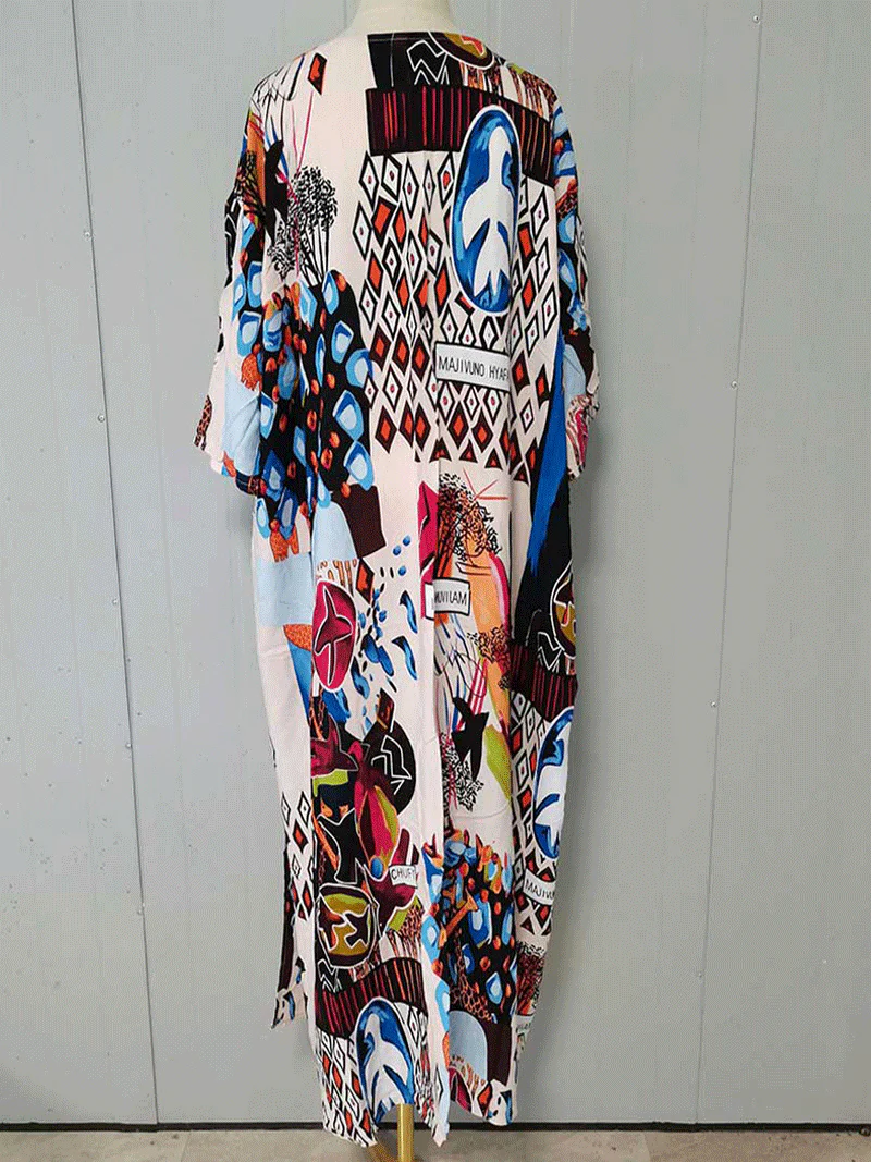 Printed White Color Polyester Long Length Gown Kimono Duster Robe - Image 2