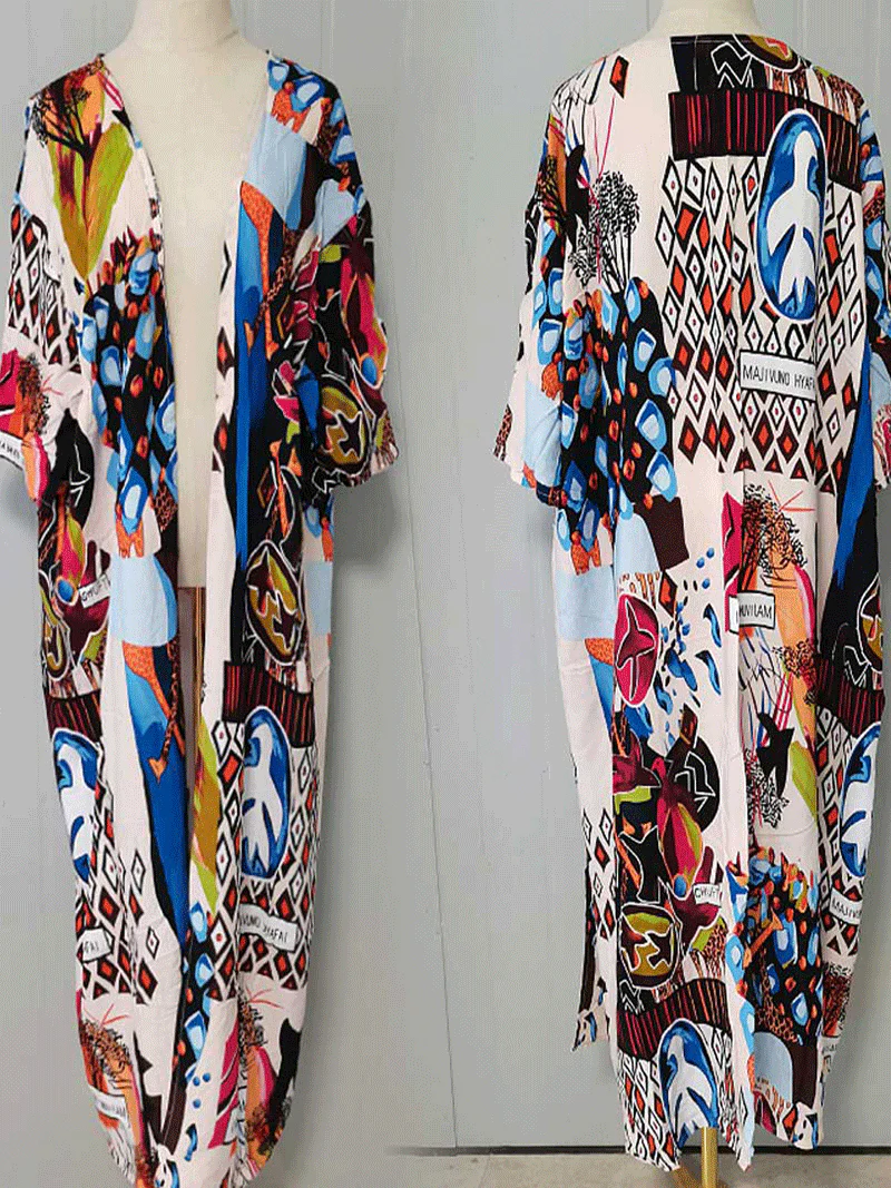 Printed White Color Polyester Long Length Gown Kimono Duster Robe - Image 3