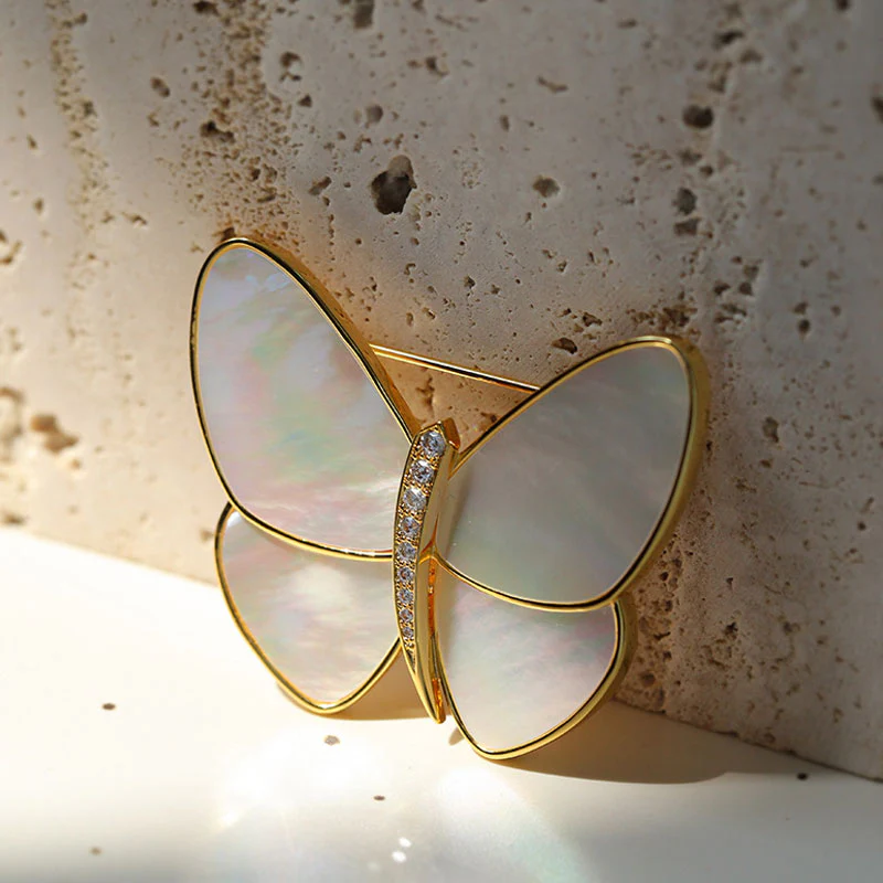 AGE MAGIC 18K Gold Plated Cubic Zirconia Mother of Pearl Butterfly Brooch - Image 3