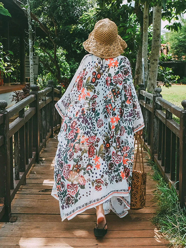Beachwear Mid Length Floral Print Multicolor Chiffon Gown Kimono Duster Robe - Image 2