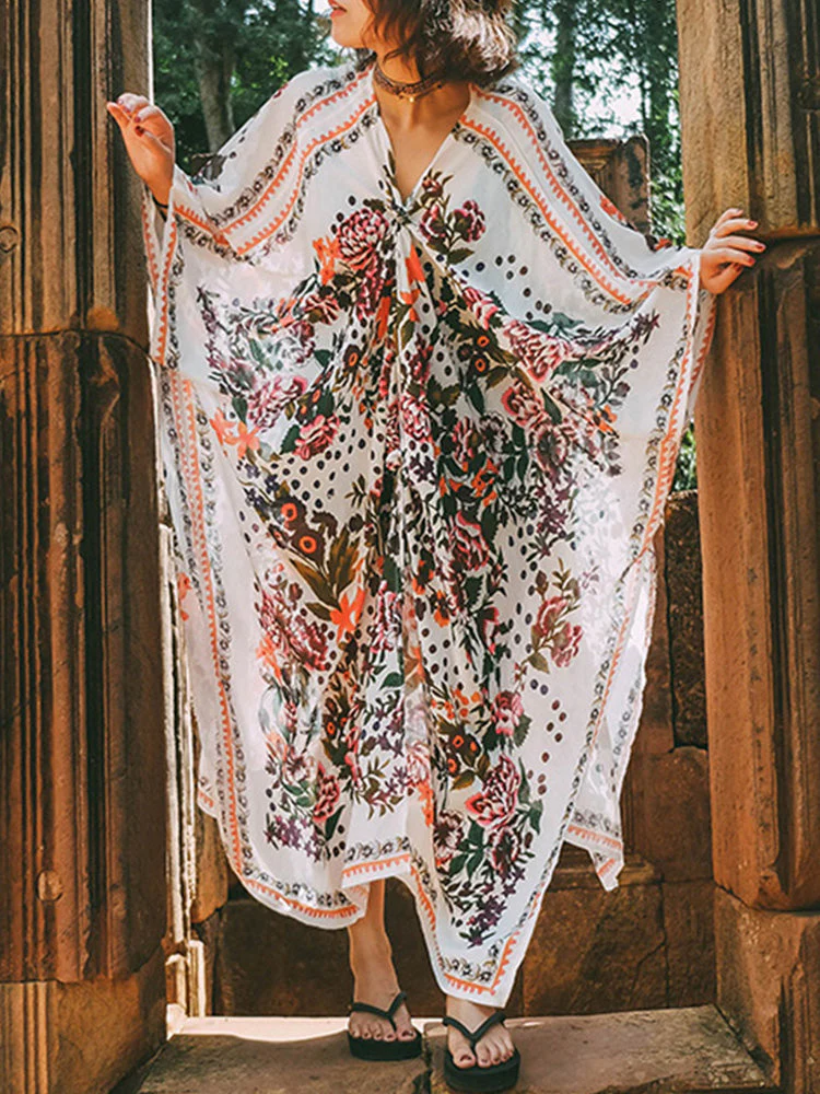 Beachwear Mid Length Floral Print Multicolor Chiffon Gown Kimono Duster Robe - Image 3