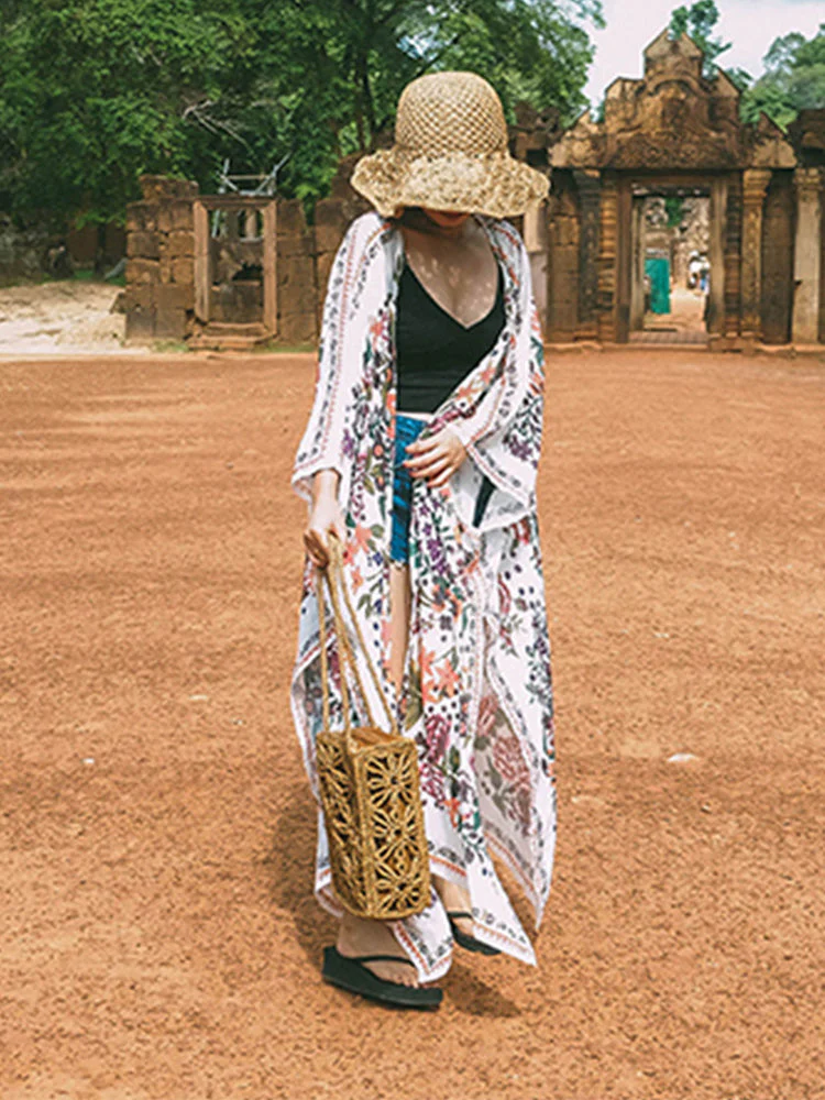 Beachwear Mid Length Floral Print Multicolor Chiffon Gown Kimono Duster Robe - Image 4