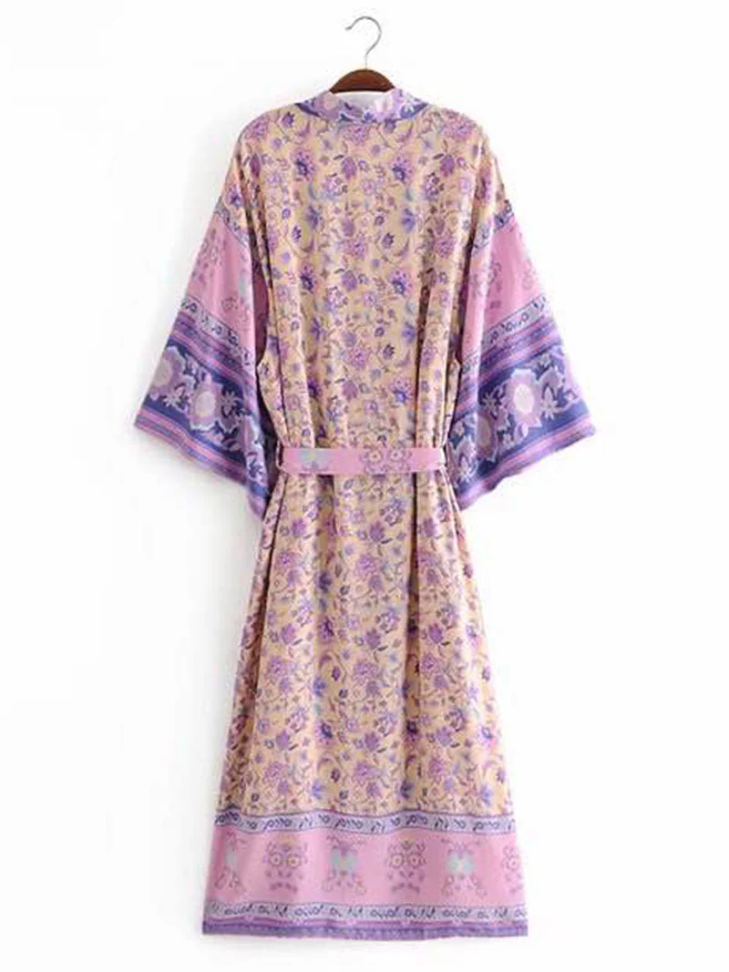 Beachwear Floral Print Violet Color Cotton Long Length Gown Kimono Duster Robe - Image 2