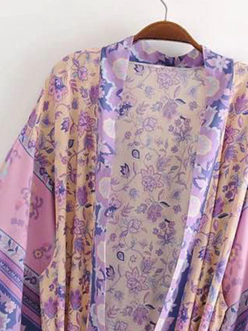 Beachwear Floral Print Violet Color Cotton Long Length Gown Kimono Duster Robe - Image 3