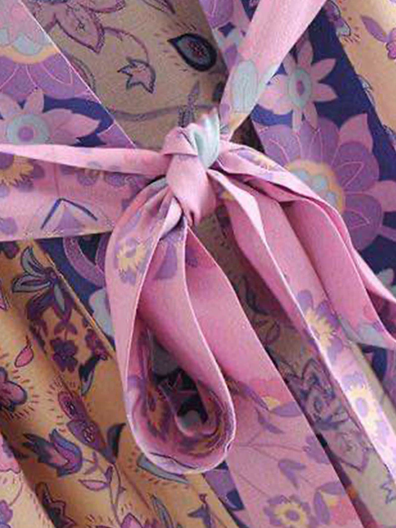 Beachwear Floral Print Violet Color Cotton Long Length Gown Kimono Duster Robe - Image 4