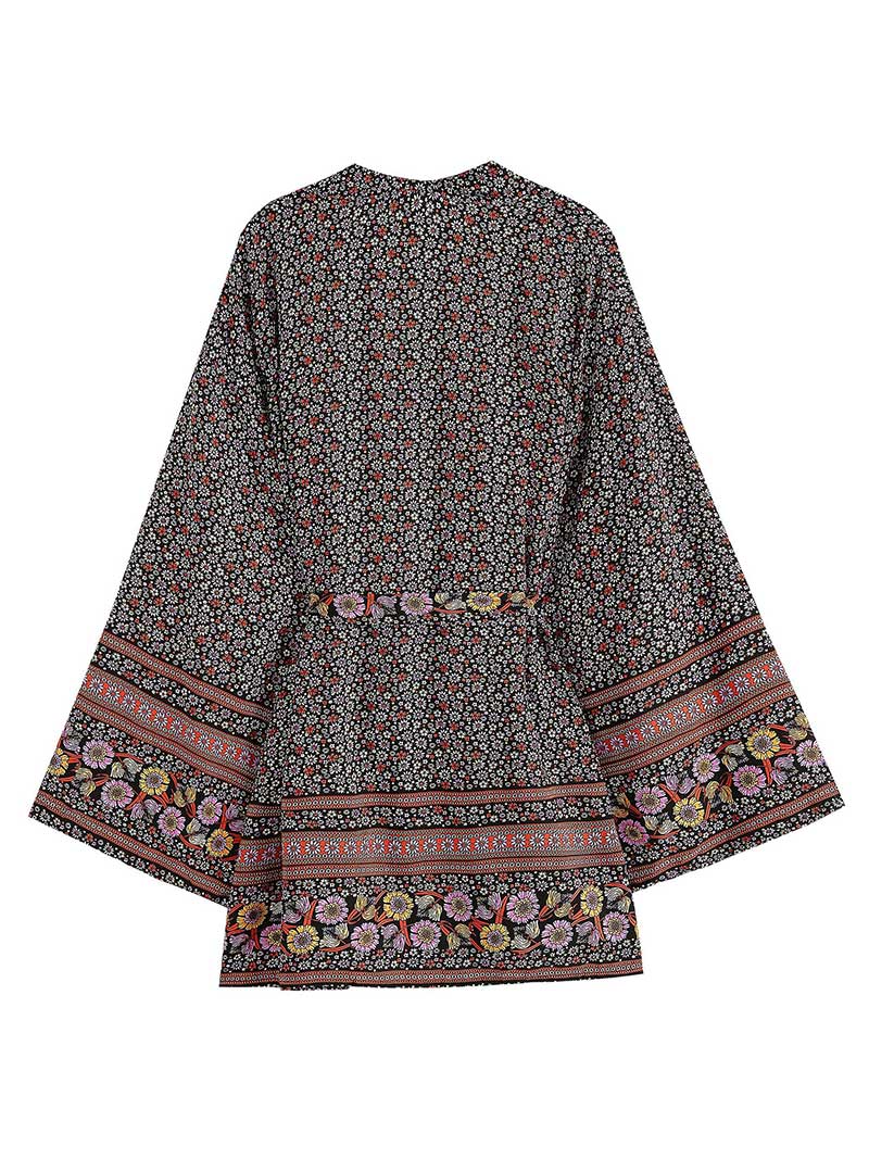 Party Wear Floral Print Black Color Cotton Short Length Gown Robe Kimono - Image 2