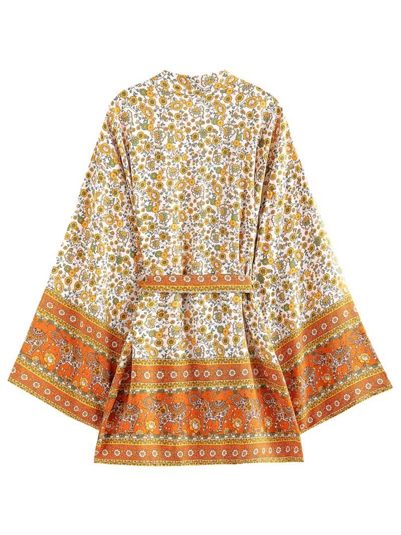 Birthday Party Wear Floral Print Yellow Cotton Short Length Gown Robe Kimono Duster Robe - Image 2