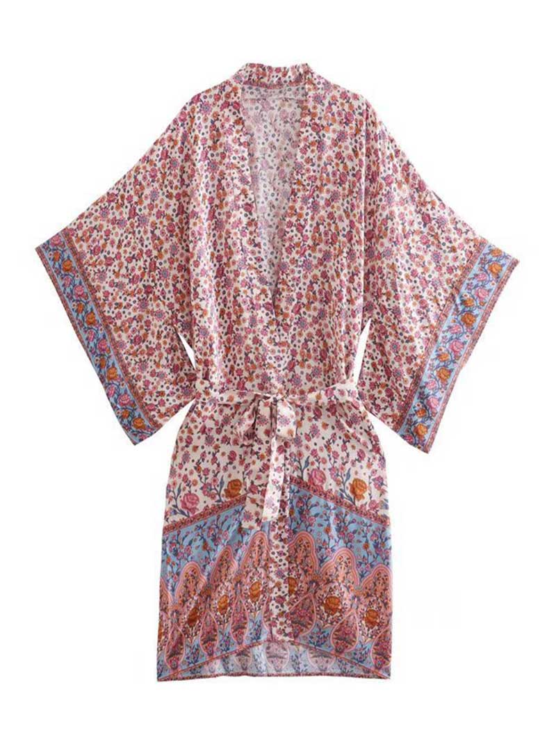 Nightwear Floral Print Cotton Green & Beige Color Long Length Gown Robe Kimono - Image 2