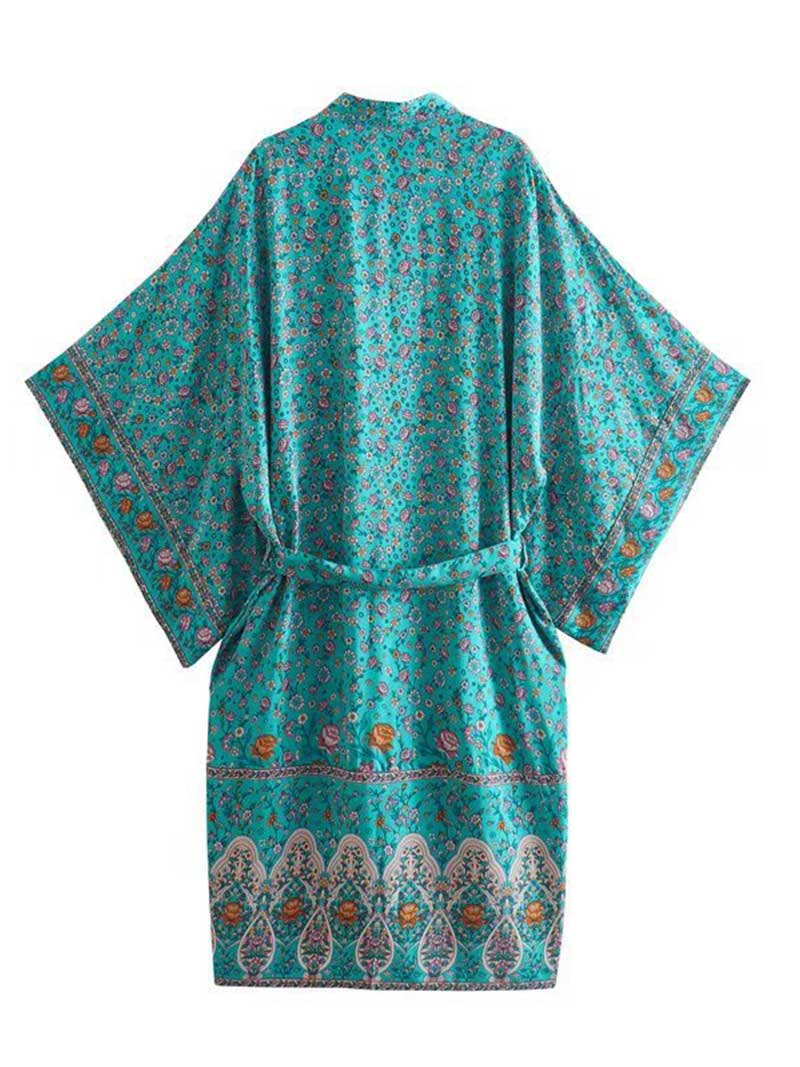 Nightwear Floral Print Cotton Green & Beige Color Long Length Gown Robe Kimono - Image 3