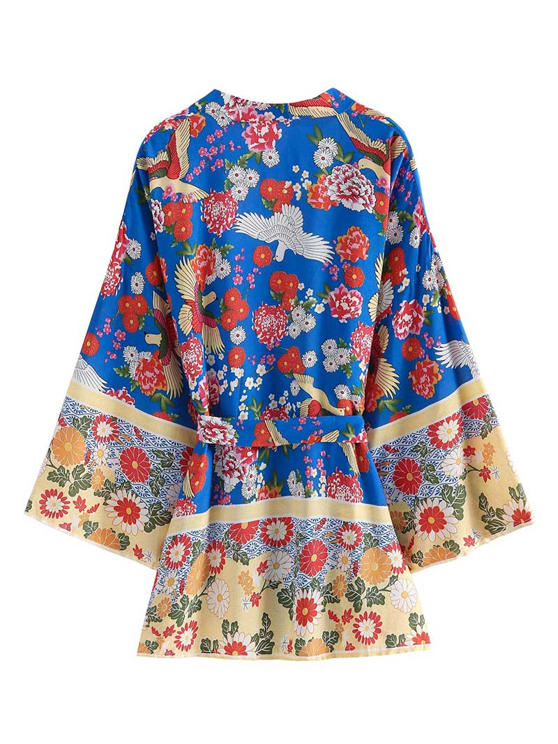 Nightwear Floral With Birds Print Short Length Kimono Gown Duster Robe - Image 2
