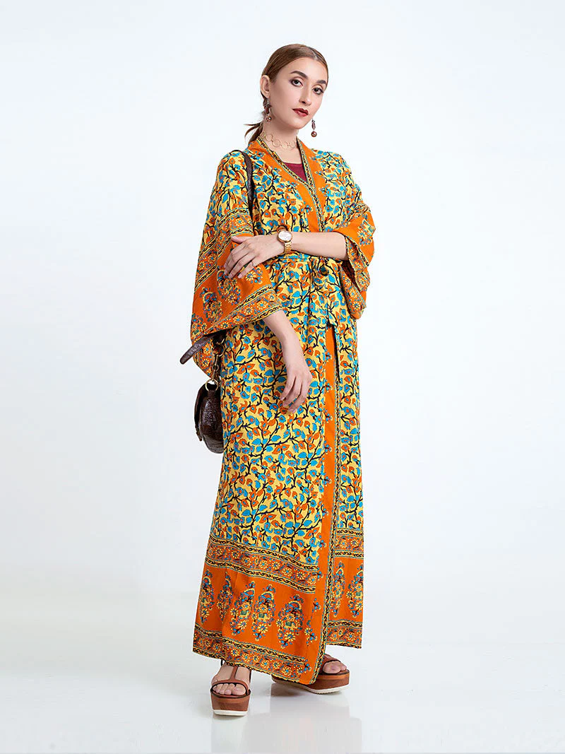 Beachwear Kimono Floral Bohemian Print Orange Color Cotton Viscose Long Length Gown Kimono Duster Robe - Image 2