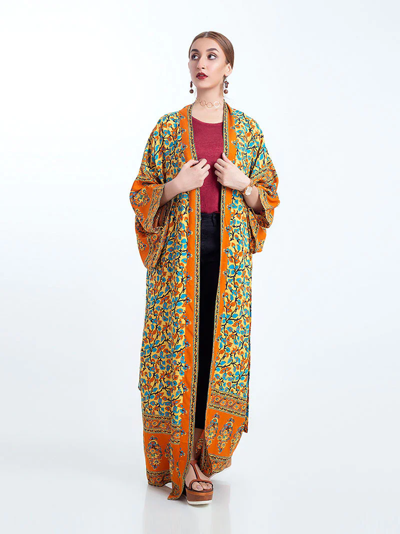 Beachwear Kimono Floral Bohemian Print Orange Color Cotton Viscose Long Length Gown Kimono Duster Robe - Image 3