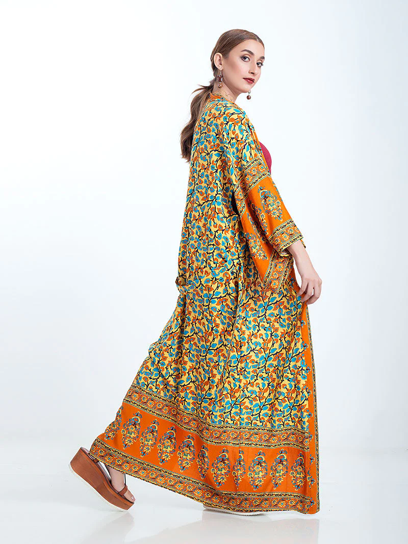 Beachwear Kimono Floral Bohemian Print Orange Color Cotton Viscose Long Length Gown Kimono Duster Robe - Image 4