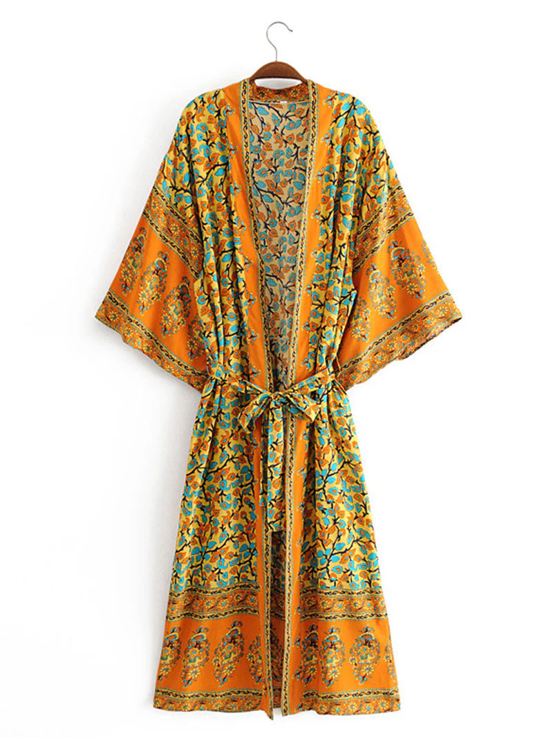 Beachwear Kimono Floral Bohemian Print Orange Color Cotton Viscose Long Length Gown Kimono Duster Robe - Image 5