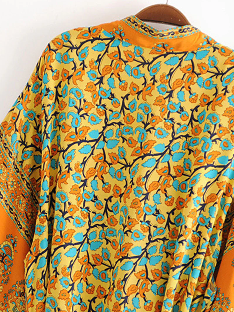 Beachwear Kimono Floral Bohemian Print Orange Color Cotton Viscose Long Length Gown Kimono Duster Robe - Image 7