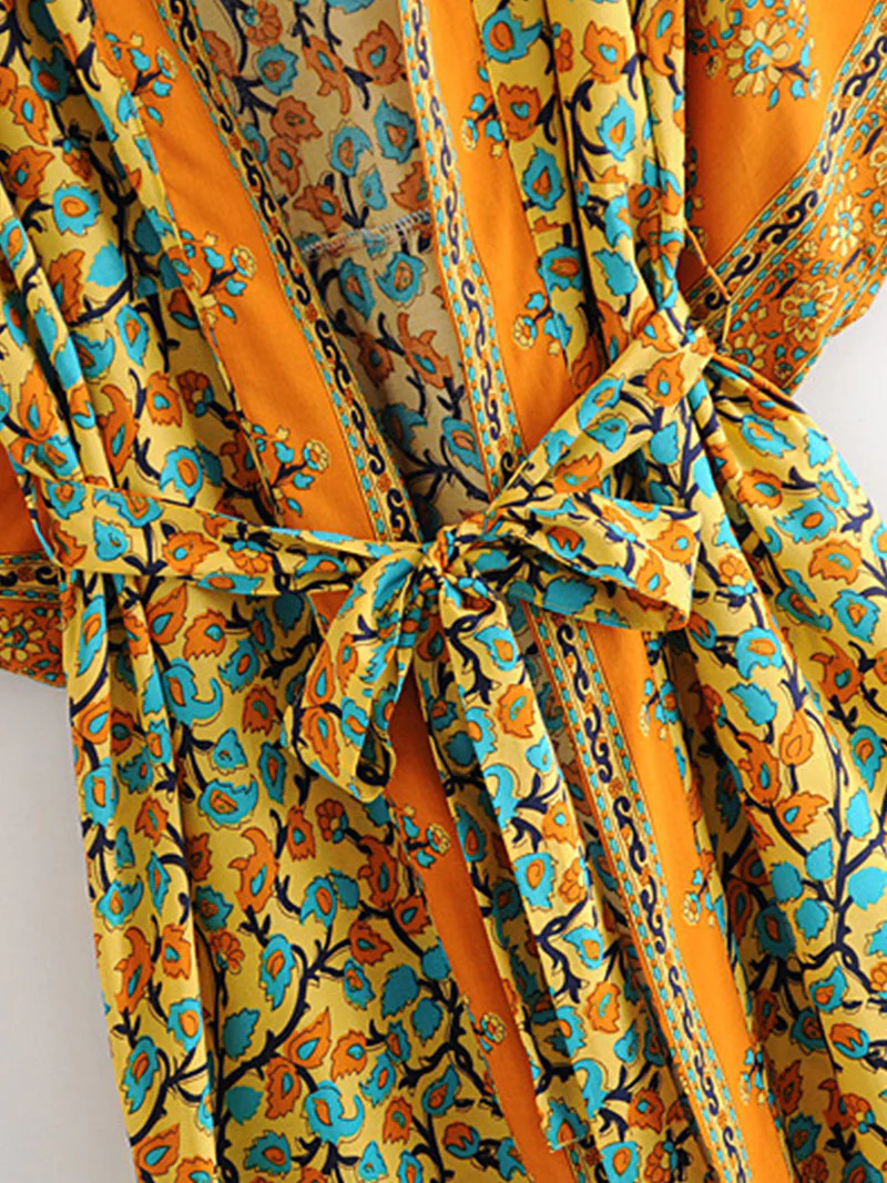 Beachwear Kimono Floral Bohemian Print Orange Color Cotton Viscose Long Length Gown Kimono Duster Robe - Image 9