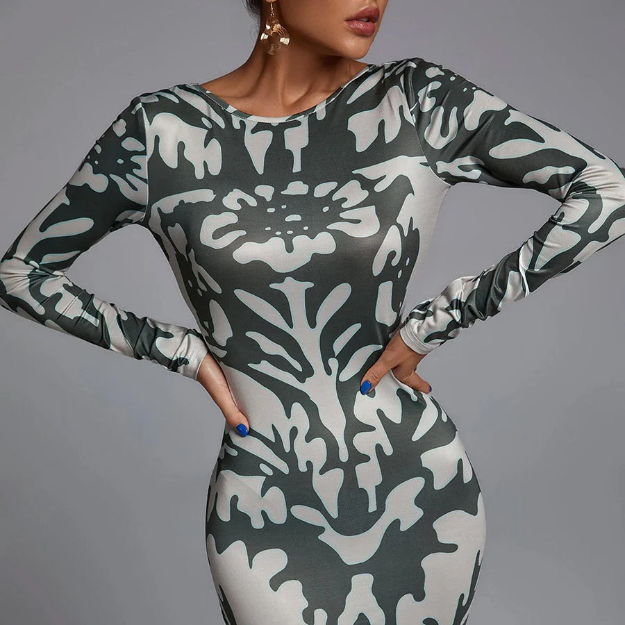KYLIE Long Sleeve Backless GREEN PRINT Dress - Image 2