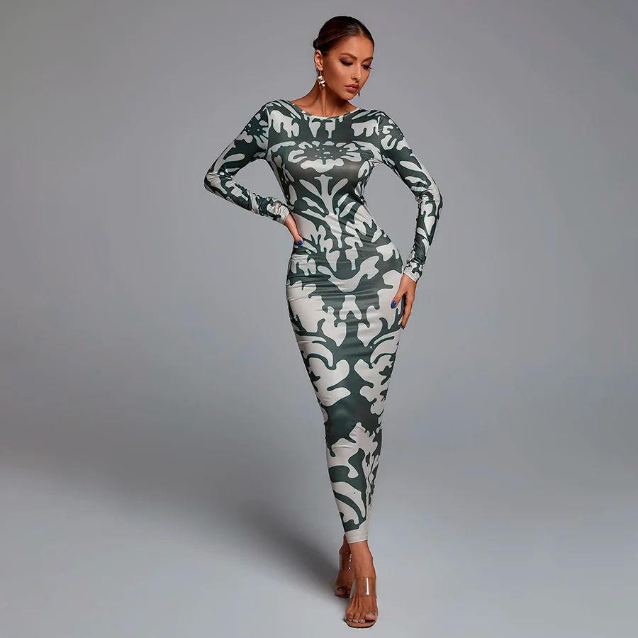 KYLIE Long Sleeve Backless GREEN PRINT Dress - Image 5