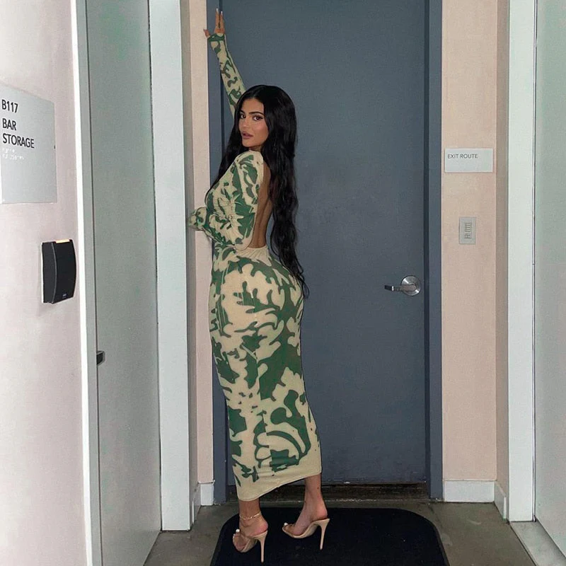 KYLIE Long Sleeve Backless GREEN PRINT Dress - Image 6