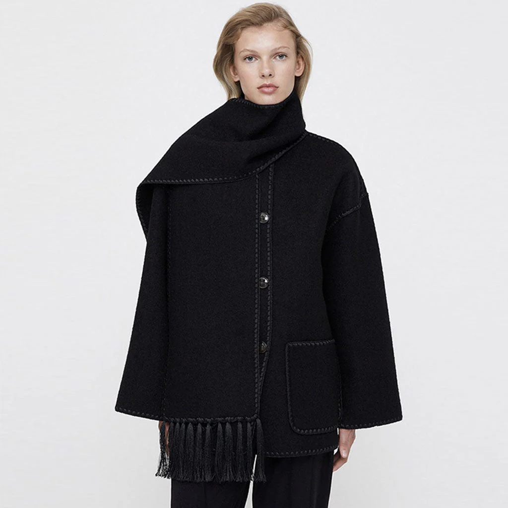 Nordic Style Crochet Edge Single Breasted Pocket Wool Blend Fringe Trim Scarf Coat - Image 3