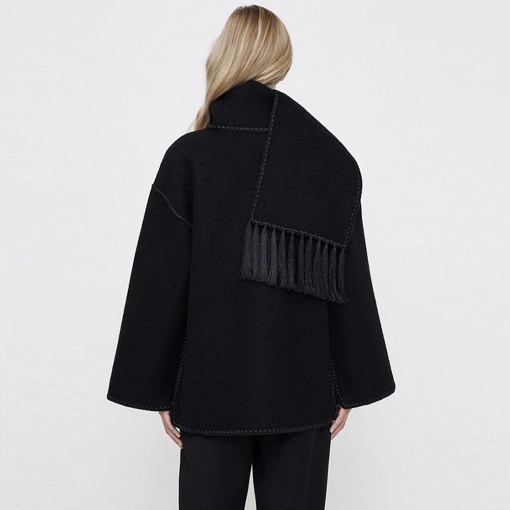 Nordic Style Crochet Edge Single Breasted Pocket Wool Blend Fringe Trim Scarf Coat - Image 4