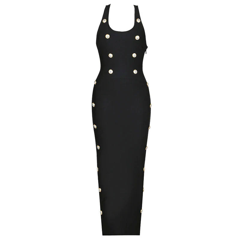 Nostalgic Button Trim Square Neck RacerBack Bodycon Bandage Maxi Dress - Image 3