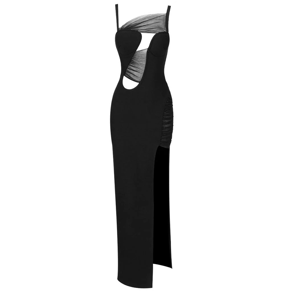 Nostalgic CutOut Ruched Sheer Mesh High Split Asymmetrical Bandage Maxi Dress - Image 3