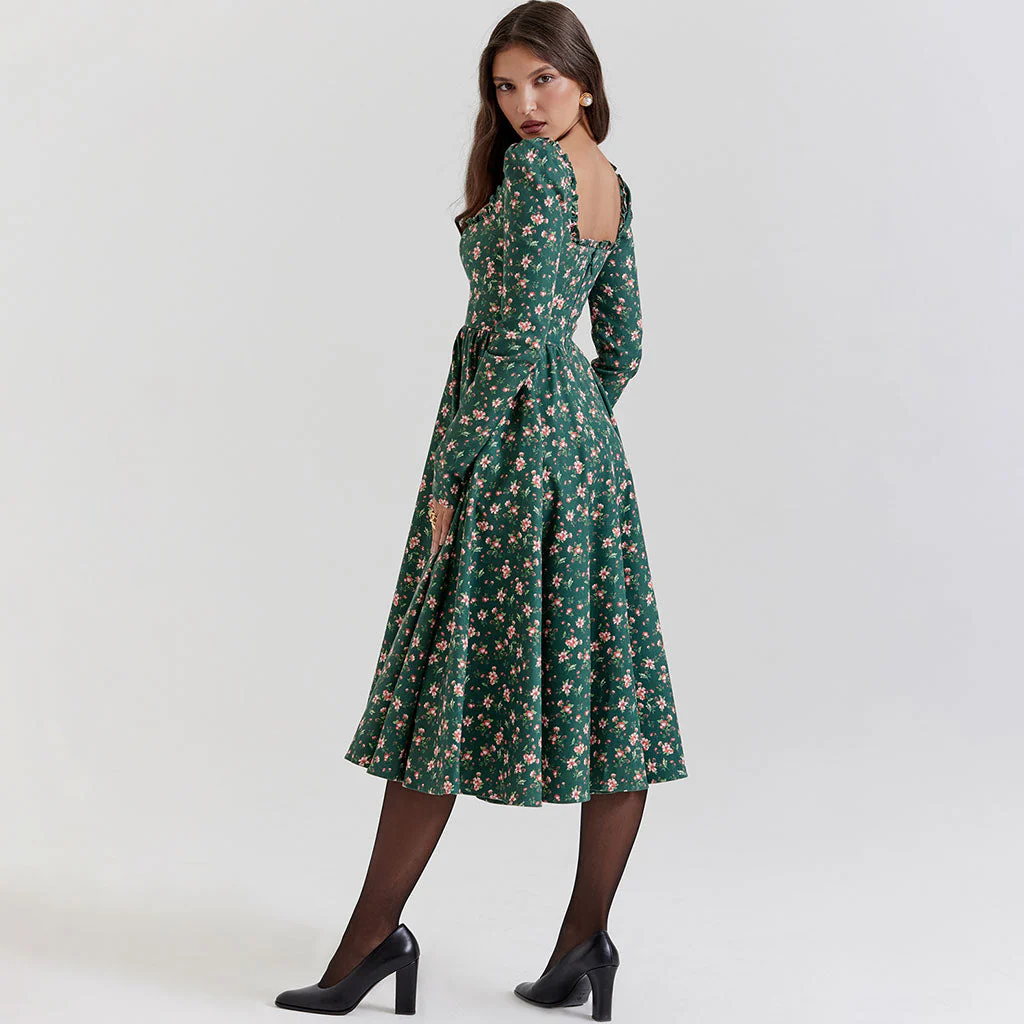 Nostalgic Frilled Square Neck High Waist Long Sleeve Floral Printed Midi Cocktail Dress - Image 4