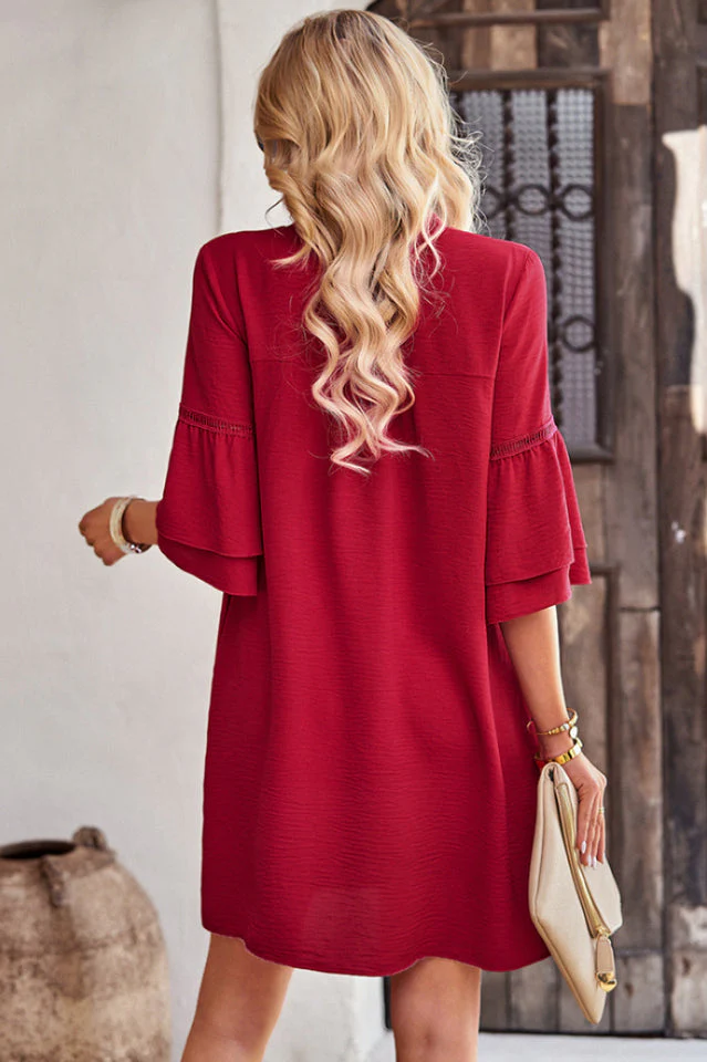 Notched Neck Flare Sleeve Pocket Dress - Image 2