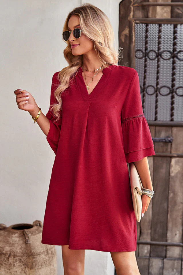 Notched Neck Flare Sleeve Pocket Dress - Image 3