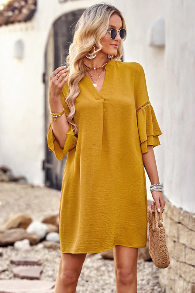 Notched Neck Flare Sleeve Pocket Dress - Image 7