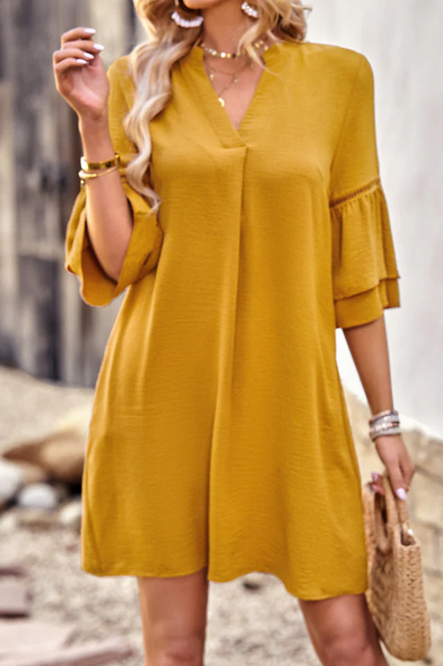 Notched Neck Flare Sleeve Pocket Dress - Image 8