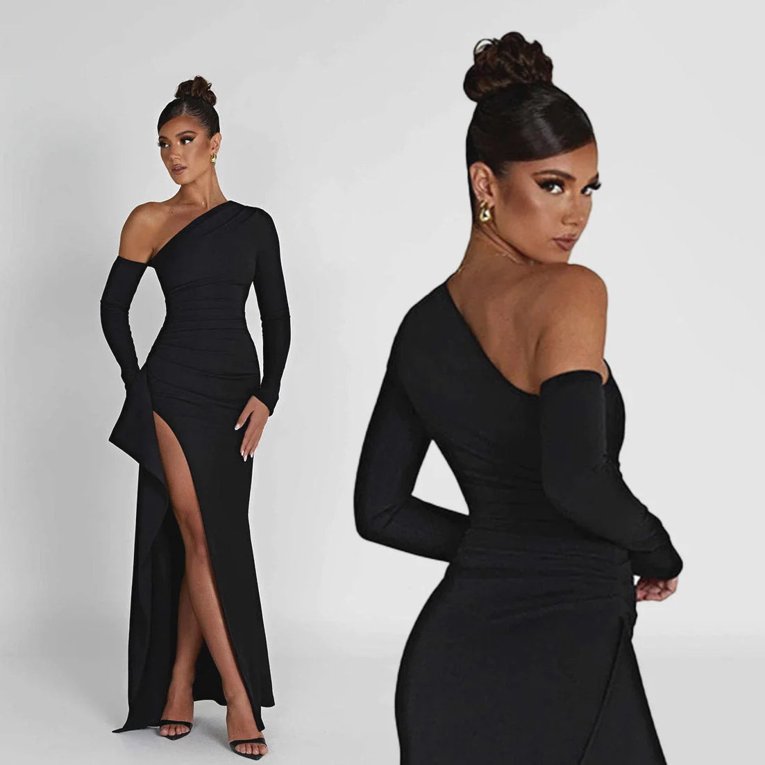 FUSAE ONE SHOULDER HIGHT SIDE SLIT Black MAXI Dress - Image 2