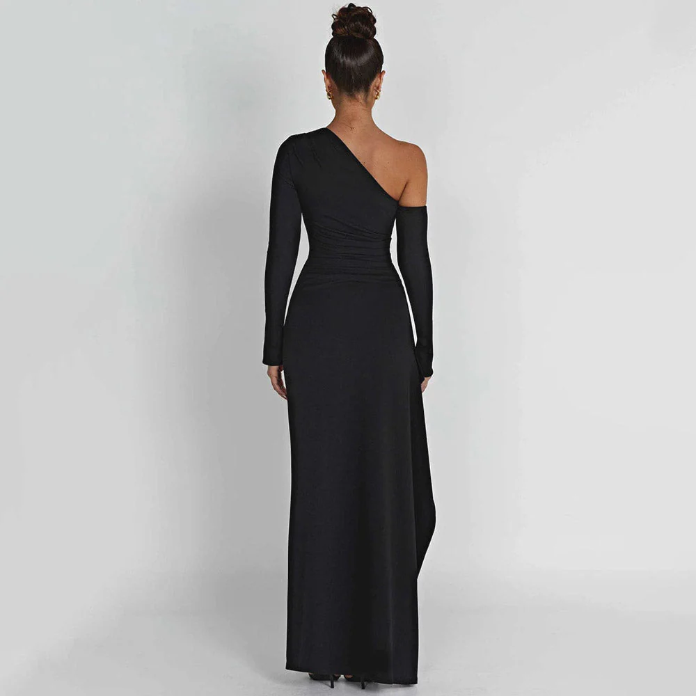 FUSAE ONE SHOULDER HIGHT SIDE SLIT Black MAXI Dress - Image 3