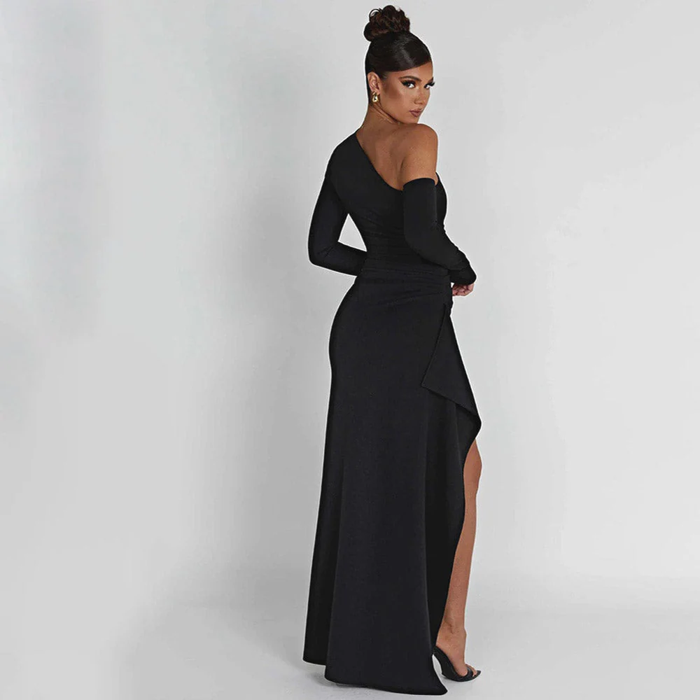 FUSAE ONE SHOULDER HIGHT SIDE SLIT Black MAXI Dress - Image 4