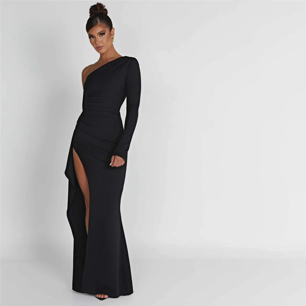 FUSAE ONE SHOULDER HIGHT SIDE SLIT Black MAXI Dress - Image 5
