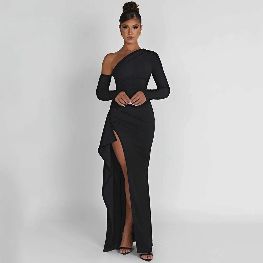 FUSAE ONE SHOULDER HIGHT SIDE SLIT Black MAXI Dress - Image 6