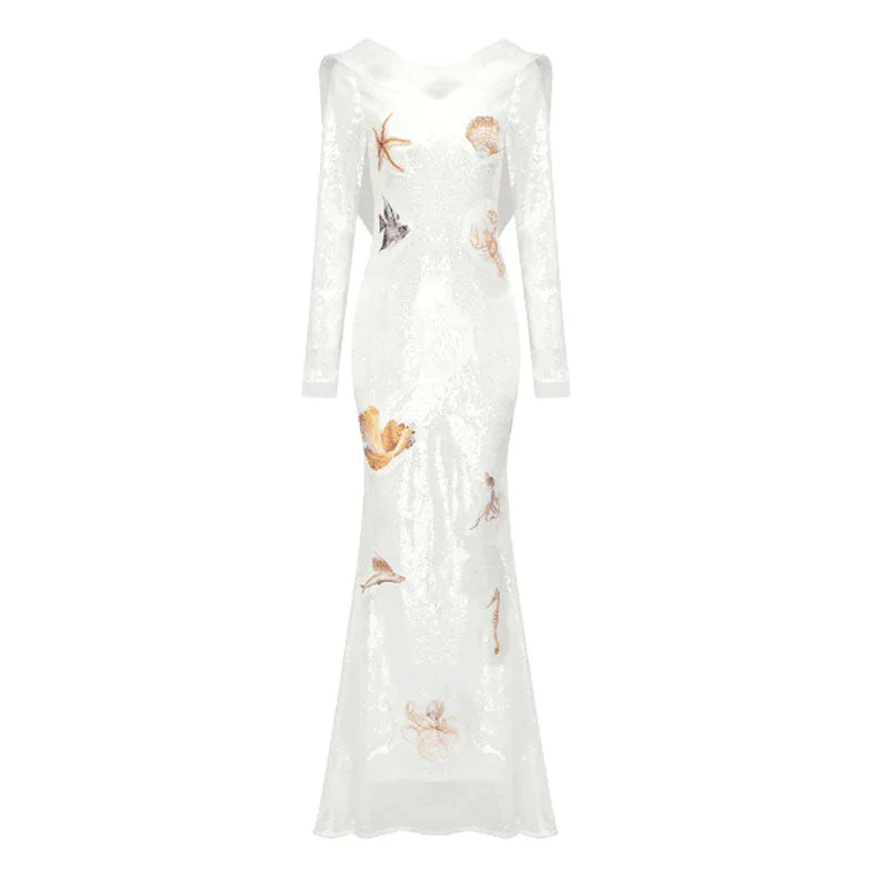 Ocean Motif Sheer Sequin Backless Long Sleeve Maxi Evening Dress - Image 4