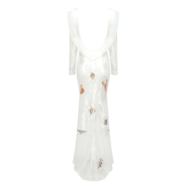 Ocean Motif Sheer Sequin Backless Long Sleeve Maxi Evening Dress - Image 5