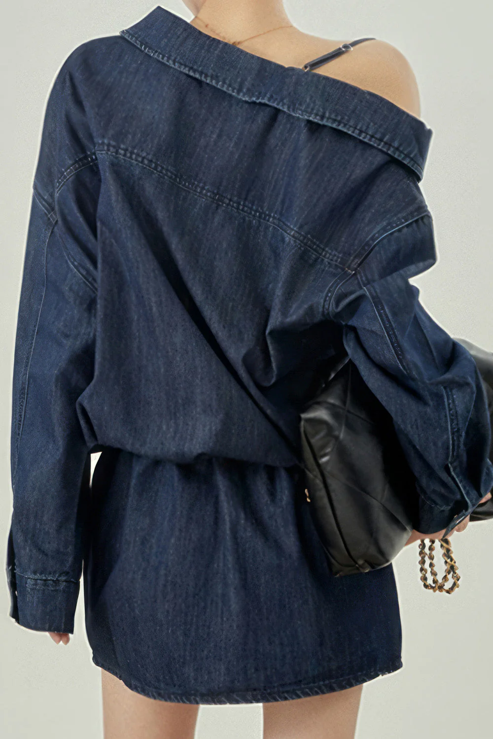 Off Shoulder Denim Dress - Dark Blue - Image 3