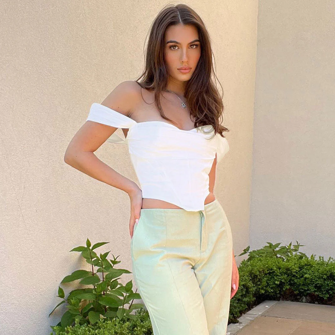 Off Shoulder Fold Sweetheart Bustier Corset Crop Tank Top - White - Image 2