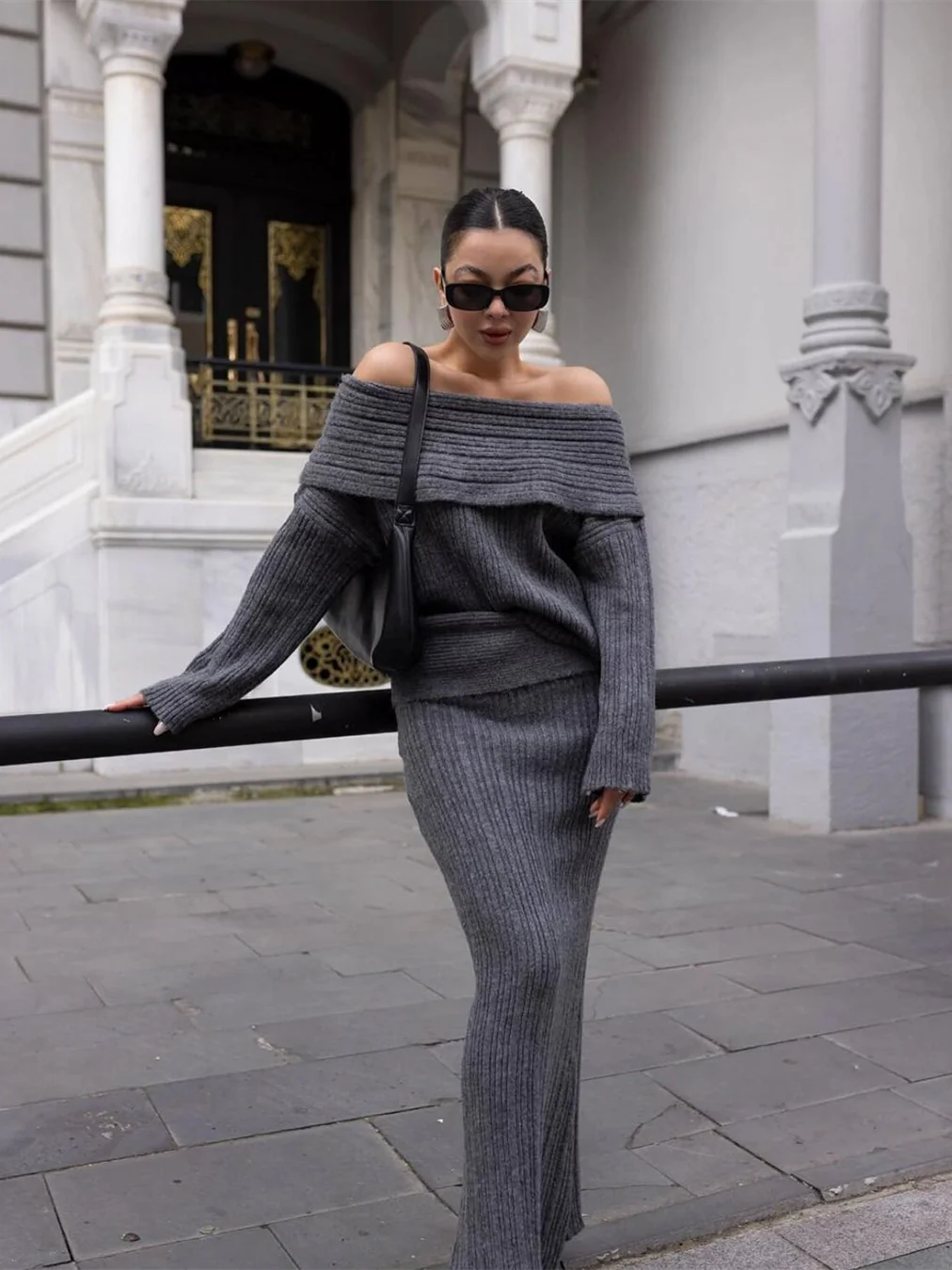 Off Shoulder Knit Skirt Set - Image 3