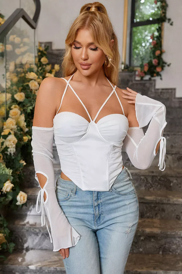 Off Shoulder Long Sleeve Halter Top - Image 2